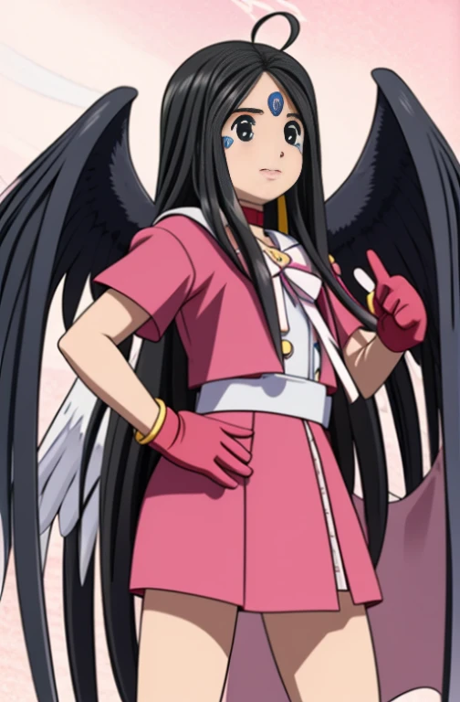 (masterpiece), bestquality, high-res, skuld, long-haired, Black eye, Black Hair, facial mark, Forehead marker, gloves, wings, choker, bracelet, rings, body hair, angel wings, View from the side:0.6, (Forrest:1.1), stand, 14 years old
