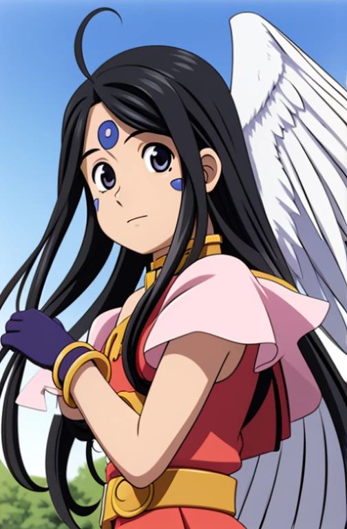 (masterpiece), bestquality, high-res, skuld, long-haired, Black eye, Black Hair, facial mark, Forehead marker, gloves, wings, choker, bracelet, rings, body hair, angel wings, View from the side:0.6, (Forrest:1.1), stand, 14 years old