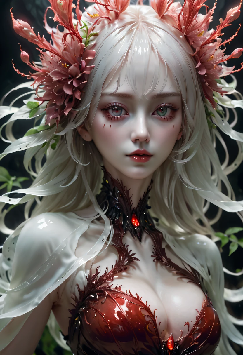 Magical plant from the abyss, the ghost flower, ghost flower,Blood-red tentacles stare at the dead，carismatic，Incredible，terror