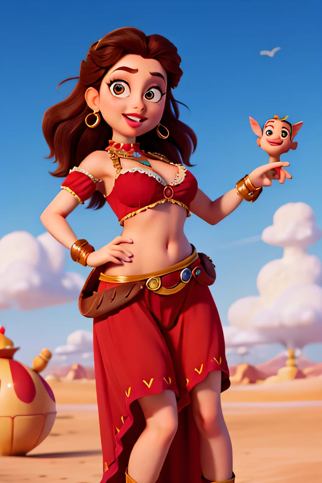 Brown-haired woman, Arabian Gypsy, Gypsy Costume, A desert, skyporn + Clouds, Red Lipstick, Big lips, Big eyes, merry disney/Pixar-style characters