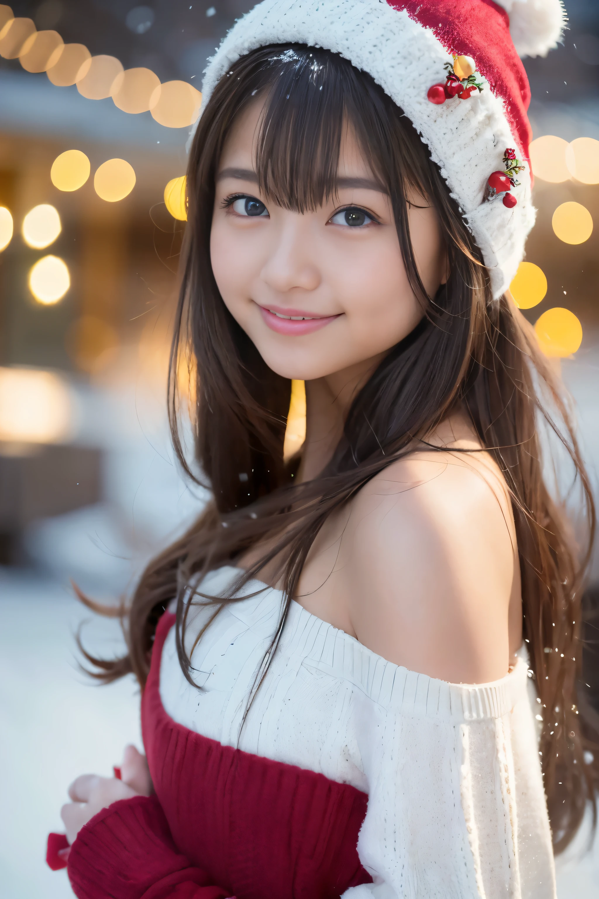 christmas eve girl,Beautiful detailed eyes,Beautiful detailed lips,extremely detailed eye and face,long eyelashes,Christmas themed clothing and accessories,Cute smile,Enjoy the festival atmosphere,Comes with a beautifully wrapped gift box,outdoor snow scene,soft vibrant colors,Warm and cozy lighting,Portraits,Snowflakes falling in the background,delicate snow details,Twinkling lights,There was joy and excitement in her eyes..........,zora々Innocence,High Quality Illustrations(4K,hight resolution,masutepiece:1.2),dreamy ambiance、8  girl、a baby face、off shoulders、A smile
