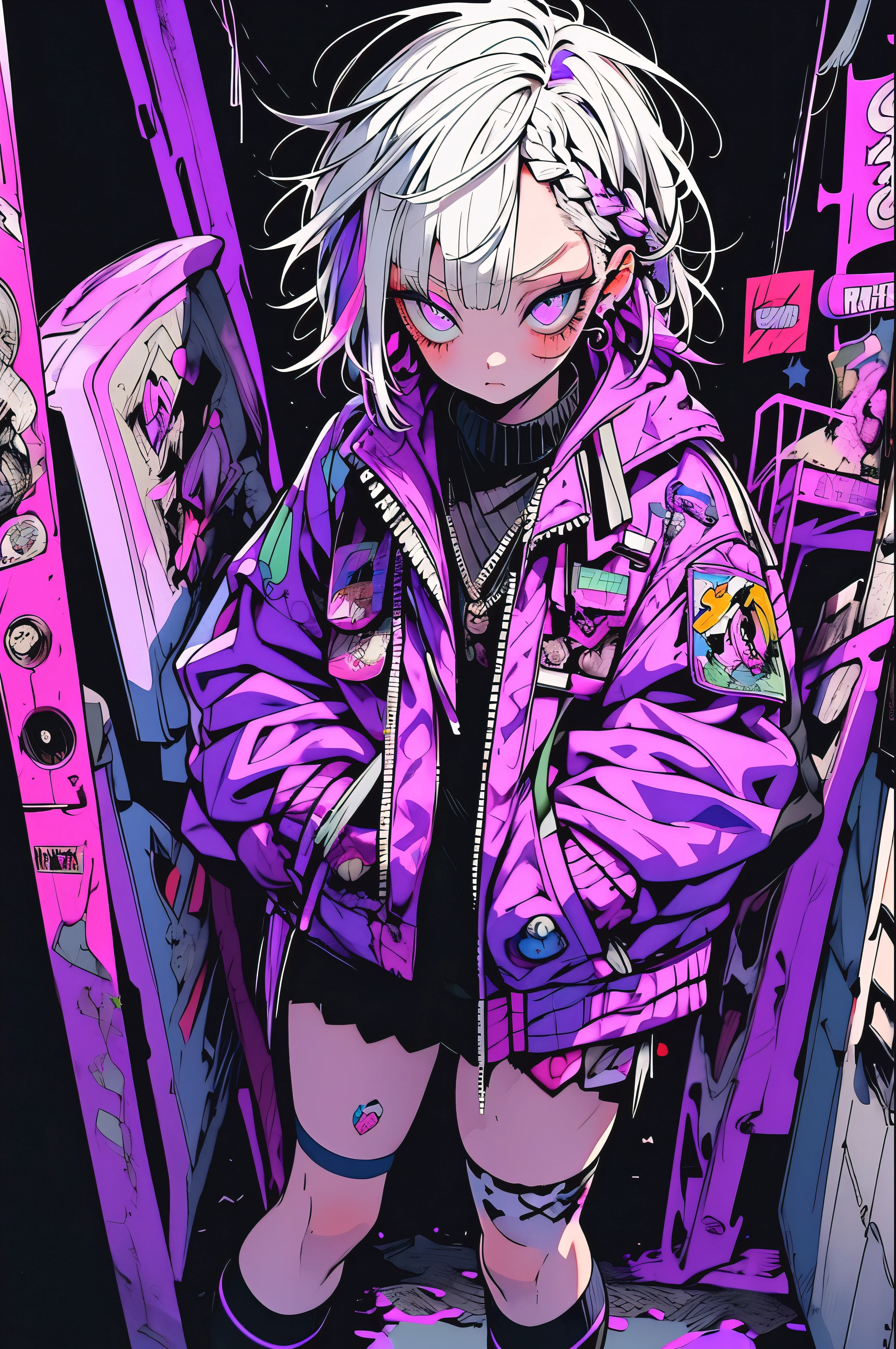 Step Piece, Best Quality, Best Illustration, Ultra-detailed,girl, White hair, cool purple open short jacket, The tattoo, Messy Fade Cut Hair, Side braided hair,Crazy, standing with an eerie feeling, abandoned amusement park background,knee high socks,quirky sneakers,Eyeshadow on the eyes,unusual colored eyes, Eyes of fear, Vivid eyes