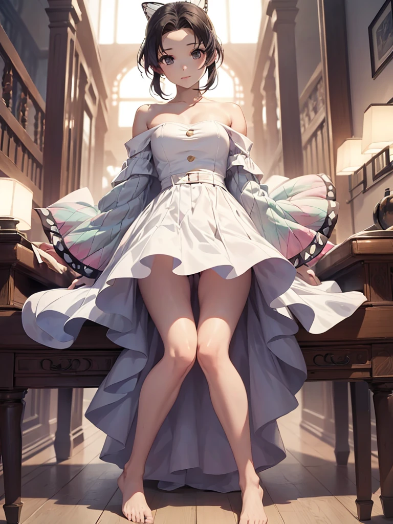 petite frame, slender limbs, delicate curves, dainty hands, tiny feet, dress,
