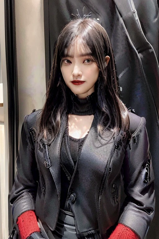 best quality, masterpiece, (8K, photorealistic:1.2), (ultra high res, finely detailed:1.4), (correct anatomy:1.5), pov, indoor, office, 1 lady, solo, (cowboy shot, looking at viewer:1.1), black hair, short hair, shiny skin, extremely detailed skin, highly detailed eyes, brown eyes, ((narrow eyes:1.3)), ((tall nose:1.1)), detailed nose, extremely detailed lips, light lipstick, (smile:1.1), ((black suit jacket:1.5)), ((red sweater, wedgie sweater:1.4)), ((black skirt:1.5)), (beautiful breast:1.2), (slender:1.5),