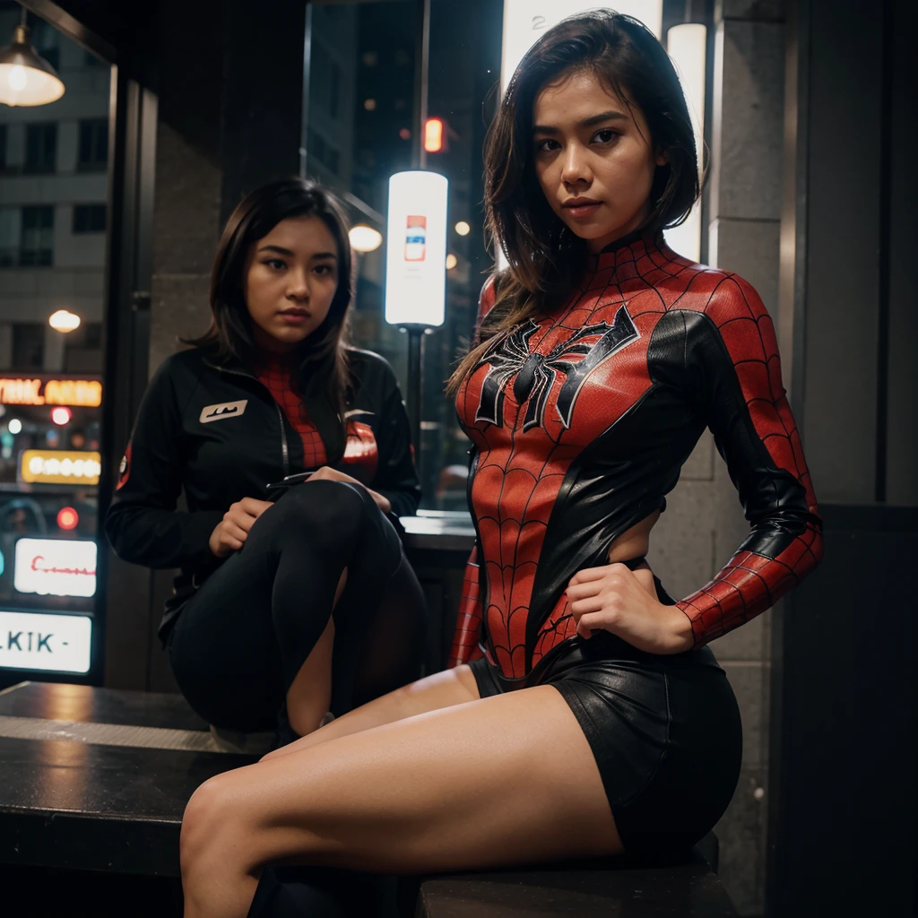 1girl, night, cityscape, city lights, upper body, close up, 8k, raw photos, best quality, masterpiece, realistic, photo realistic, spider-man suit, huge, thick thighs, asian face, short hair, brunette hair