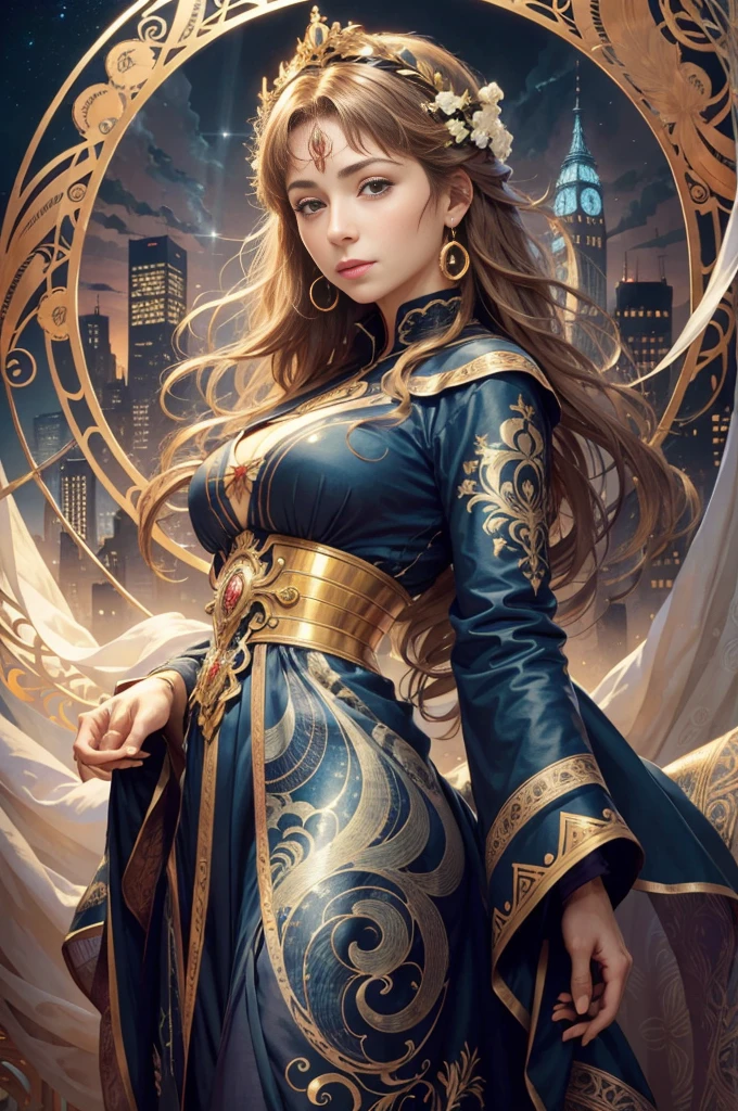 Highly detailed eyes、nase、Beautiful work々eyes and face、Beautifully dressed girl with long eyelashes and two skirts、sexy pose、Bright background、Night view of the city、super realistic studio light, Colorful and mysterious atmosphere、Awesome concept art、Alphonse Mucha's Art Style、Soft and warm colors、Soft lighting、tome'tome'tome'tome'tome'tome'tome'tome'tome'tome'tome'tome'tome'It's a mysterious atmosphere。,This scene is、Alex Kingston with a beautiful night view of New York City in the background、wearing a torn spiderman suit、sexy poseで立っている姿を描きました.......、This is Alphonse Mucha、tome is an abstract realistic painting with intricate and intricate details..。.。