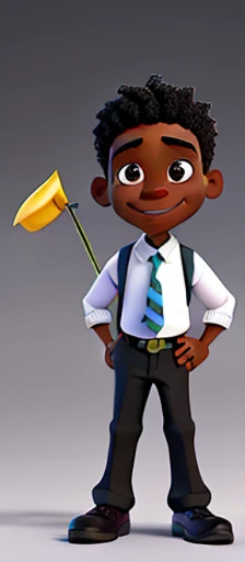 Crie um personagem negro  no estilo Pixar da Disneycriar desenho de menino de 11 anos estilo disney/pixar with cheerful graduate outfit celebrating with a graduation straw in hand. He is dark-skinned and has black hair. He is smiling and celebrating