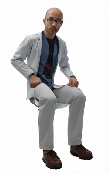 (scientist, human, realistic, sitting, inside a lab, wearing a lab coat, bald, wearing glasses, old)