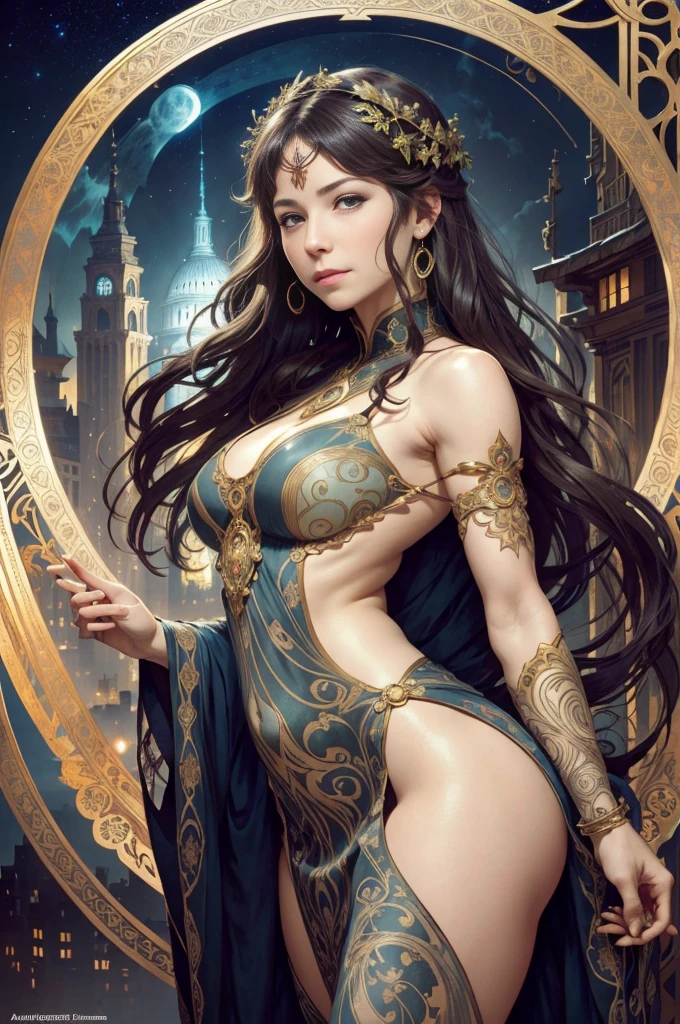 Highly detailed eyes、nase、Beautiful work々eyes and face、Beautifully dressed girl with long eyelashes and two skirts、sexy pose、Bright background、Night view of the city、super realistic studio light, Colorful and mysterious atmosphere、Awesome concept art、Alphonse Mucha's Art Style、Soft and warm colors、Soft lighting、tome'tome'tome'tome'tome'tome'tome'tome'tome'tome'tome'tome'It's a mysterious atmosphere。,This scene is、Evangeline Lilly with a beautiful night view of New York in the background、wearing a torn spiderman suit、sexy poseで佇む姿を描きました......、This is Alphonse Mucha、It is an abstract realistic painting with intricate and intricate details..。.。