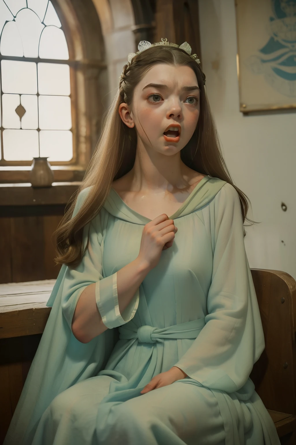1136, Kingsbridge, England. otherworldly scene in the canteen of a medieval monastery, ((((27-year-old)) Anya Taylor-Joy)), (((furious expression))), angry, screaming, frowning, ((((poor plain tunic gown from the 12th century)))), ((Hairstyle of the 12th century)), ((Wes Anderson cinematic style)), colorful