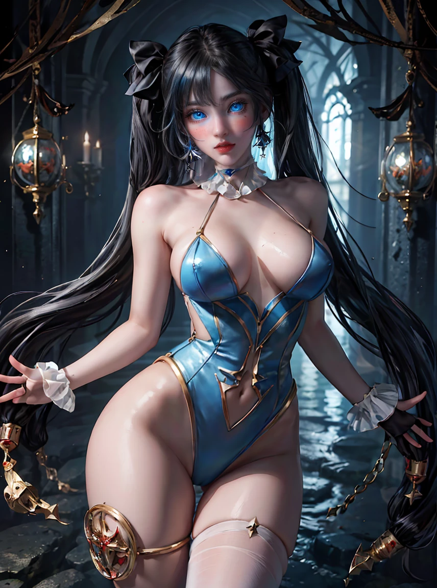 8K, Ultra High Definition, Super detailed, Shiny detailed hair, detailed face, fantasy landscape, solo, looking at viewer, {{best quality}}, {{masterpiece}}, {{ultra-detailed}}, {detailed light}, ultra high quality eyes, detailed eyes, perfect eyes, large eyes, detailed blue eyes, black hair, long hair, twintail, beautiful, skinny body, White skin, slutty, erotic, blushing, ahegao, standing in suggestive pose
