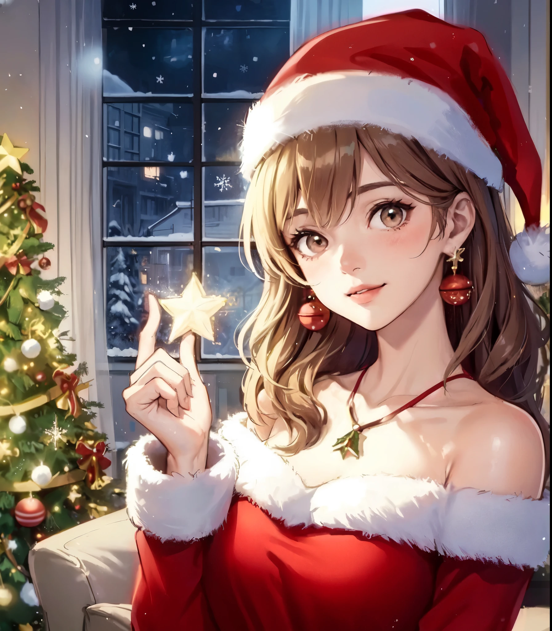 1lady solo, (stylish outfit) (Santa Claus costume:1.2), mature female, /(light brown hair/) bangs, blush kind smile, (masterpiece best quality:1.2) delicate illustration ultra-detailed, large breasts BREAK (holding a Christmas ornament) BREAK (modern house living room) indoors, (Christmas tree glowing)