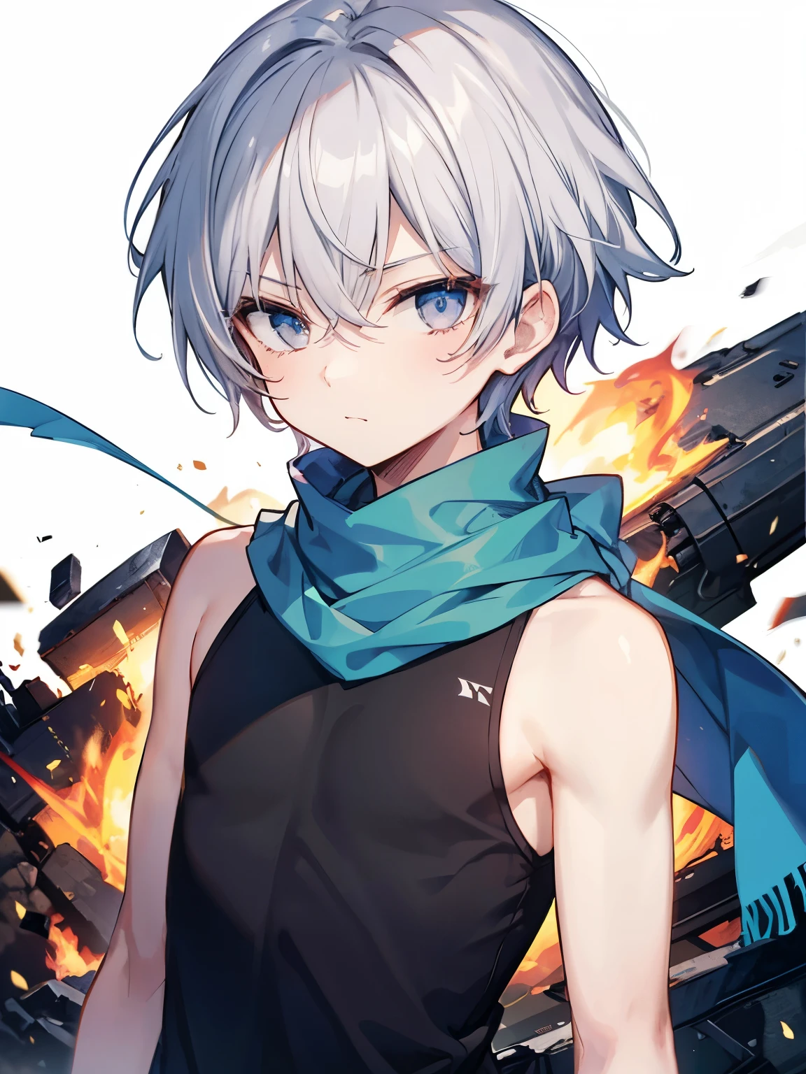 1boy, ember、独奏、Silvery head hair、thief、shorth hair、short sword、cover your mouth with a blue scarf、glares、sharp eye、Tank Tops、Clear illustrations、no breast