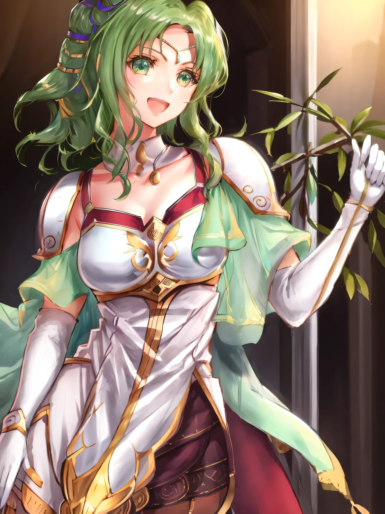 larachel fe, 1girl, solo, long hair, breasts, looking at viewer, smile, open mouth, at a cafe, gloves, upper body, elbow gloves, white gloves, cape, armor, hand on own chest, circlet, breastplate
