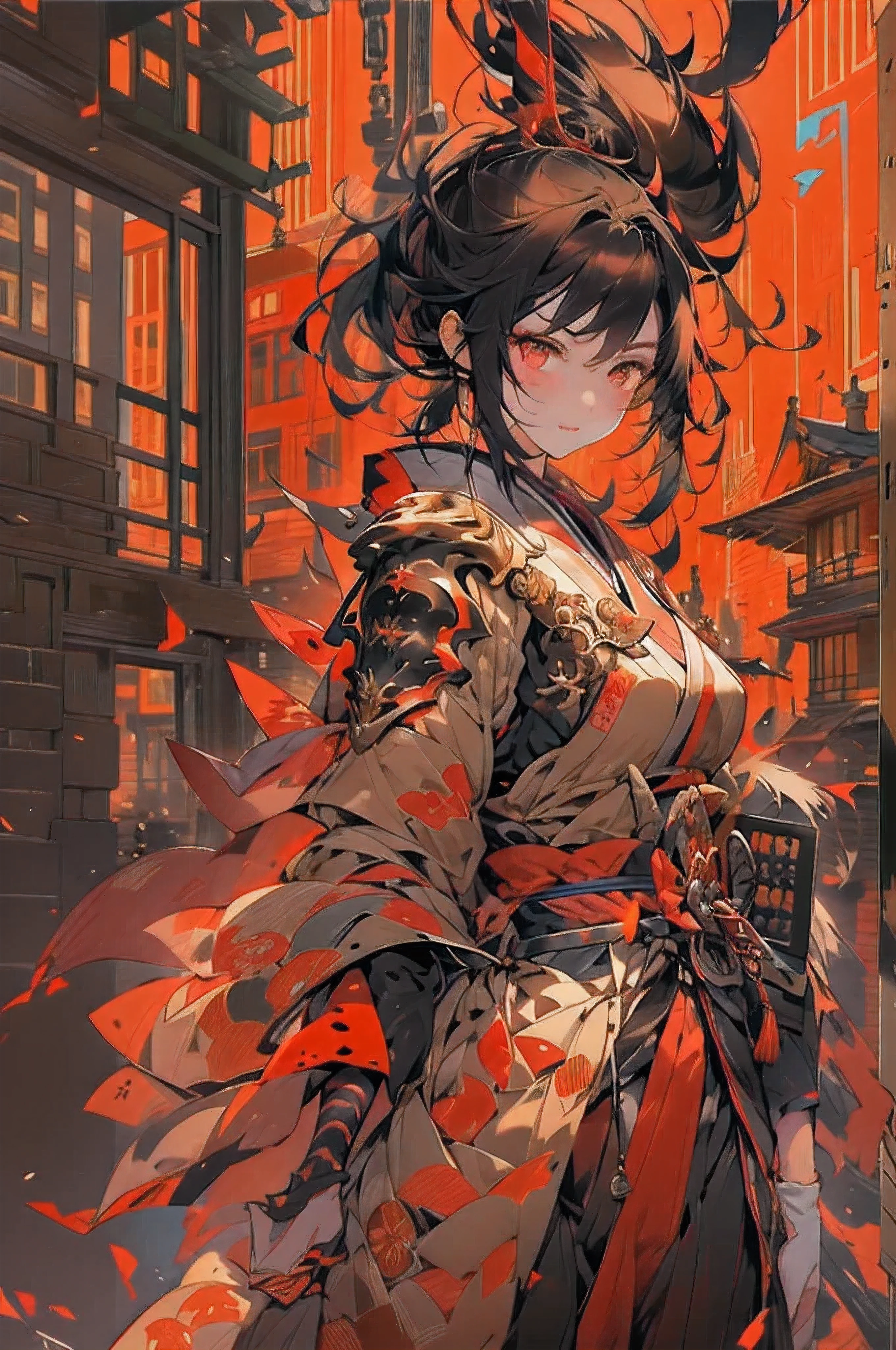 that daughter，red long straight eyeliner，tall，plum，Have a well-proportioned figure，Samurai of Japan，samurai armor，and the wind，The city of cyberpunk，high house，neonlight，Best quality