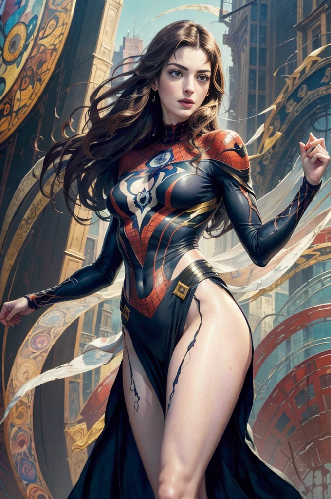 Anne Hathaway、Sticking out the navel、newyork、She wears a torn Spider-Man suit,wearing skirt、abstract photorealistic、artistic、Alphonse Mucha's painting(masterpiece、top-quality、hight resolution:1.4)、detaileds、複雑なdetaileds、4K、color splashes、line-drawing、Fibonacci、