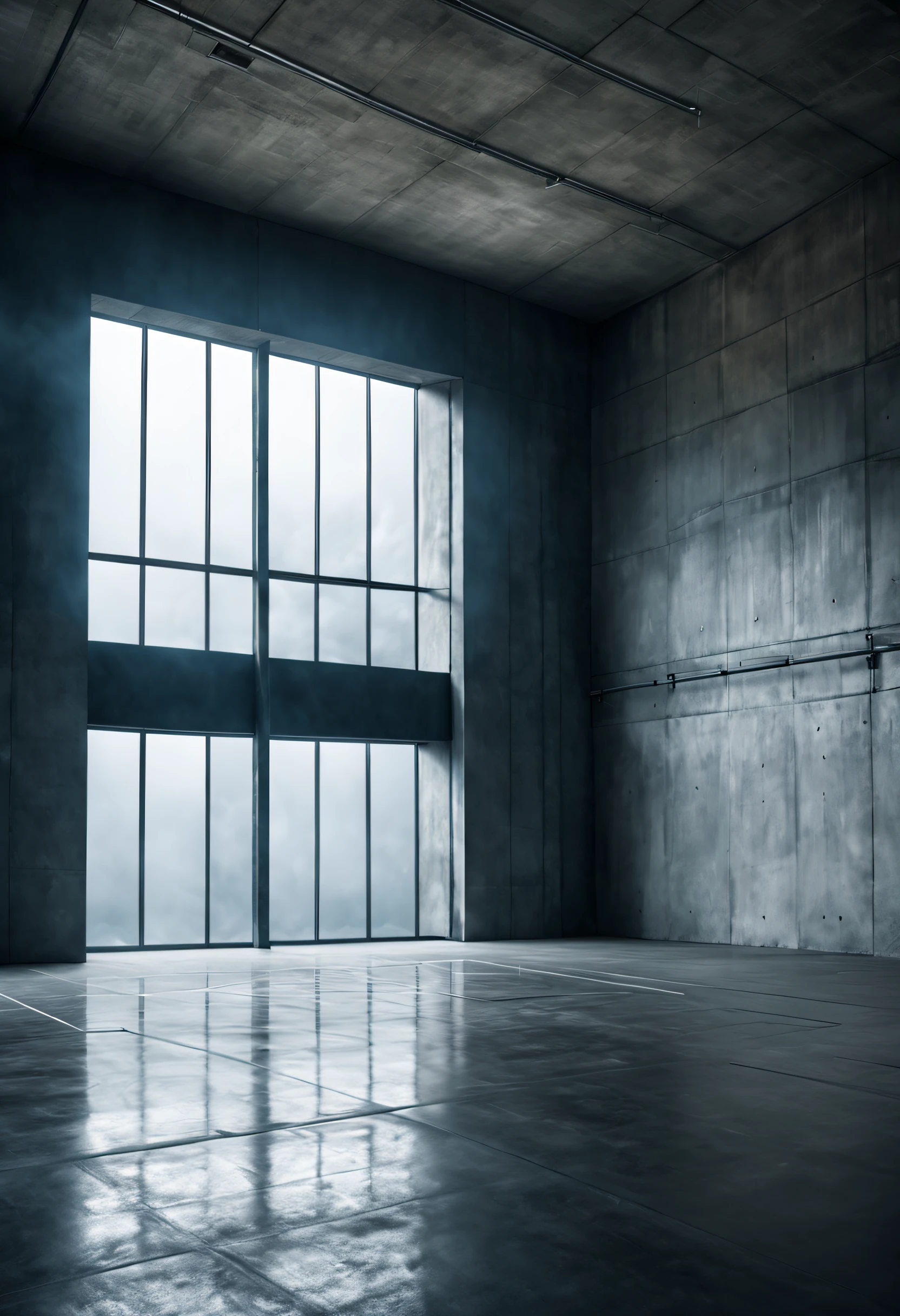 commercial setting for sports photoshoot, concrete wall, windows, overhead strip lighting , cinematic , light mist effect. suitable to composite in athlete
