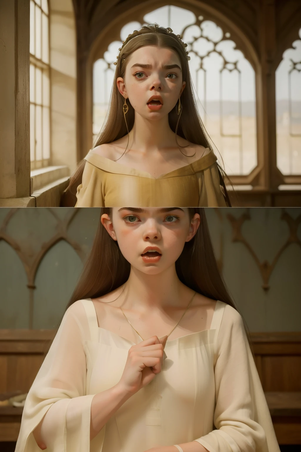 1136, Kingsbridge, England. otherworldly scene in the canteen of a medieval monastery, ((((27-year-old)) Anya Taylor-Joy)), (((furious expression))), angry, screaming, frowning, ((((poor plain tunic gown from the 12th century)))), ((Hairstyle of the 12th century)), ((Wes Anderson cinematic style)), colorful