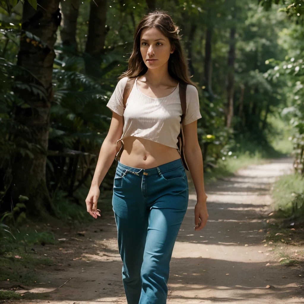 ultrarealistisch, perfekt, Details, 8K, brunette girl, rote Streifen, cropped shirt, bare feet, Wandern, perfekte Details im Gesicht, Hippie, 60er-Jahre-Flair, Rucksack, bellybutton, long Hippie pants,important is full body view, feet, barefoot, on a hike, great details on everything, walking barefoot! Feet shown