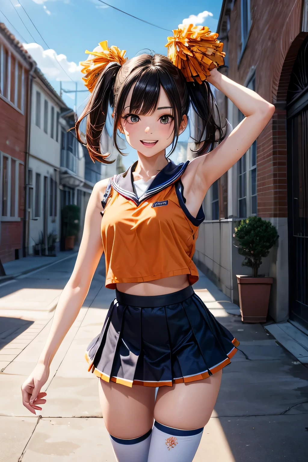 very cute and beautiful cheerleader girl,(very detailed beautiful face and eyes:1.2),(holding a pom pom:1.2),(Laugh),
(school courtyard),Cowboy Shot,Dynamic Pose,zettai ryouiki,(orange sleeveless shirt),Beautiful legs,Dynamic Angle,Black hair,
(Best Quality,masutepiece:1.2),Intricate details,Extremely detailed,Ultra-detailed,hight resolution,Looking at Viewer,
Natural lighting,Hair fluttering in the wind,Beautiful detailed sky,