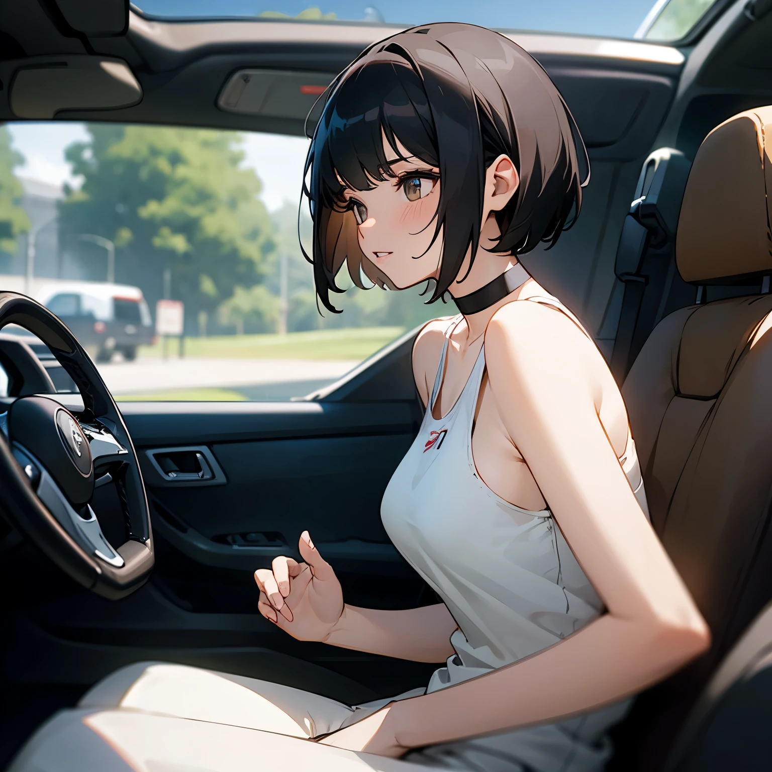 ((masterpiece)), 1girl, bangs, black hair, blurry eyes, blurry background, pale brown, car interior, choker, from side, lips, motion blur, off shoulder, short hair, sitting, solo, tank top