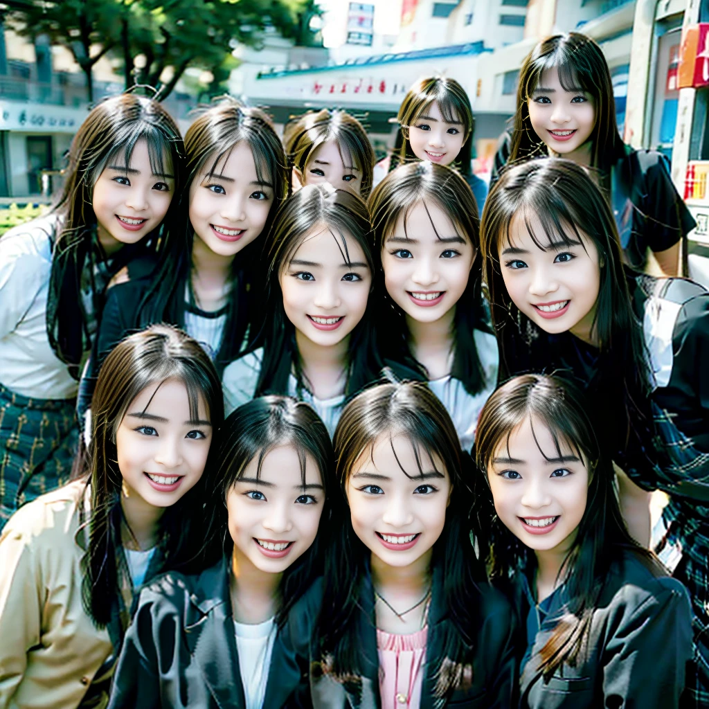 Raw photo、(((multiple girls))),((((6+girls)))),((((100girls)))),(((1000girls)))、((((100 Girls))))、Women only、The same face、matching school uniform、、Long black hair、100 cute girls going to school、a smile、Commuting to school、School route、In the street、selfee、same person、(((Large group)))、a junior high school student