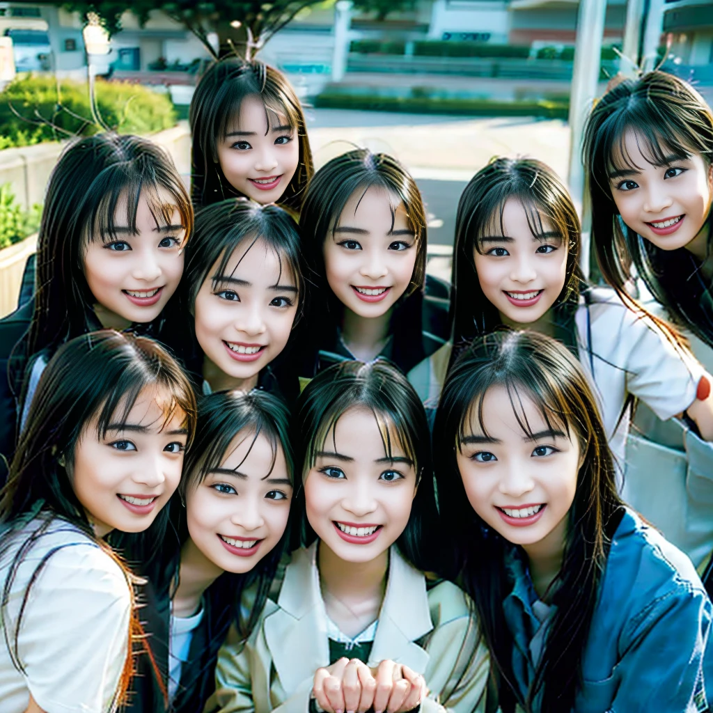 Raw photo、(((multiple girls))),((((6+girls)))),((((100girls)))),(((1000girls)))、((((100 Girls))))、Women only、The same face、matching school uniform、12 years old、Long black hair、100 cute girls going to school、a smile、Commuting to school、School route、In the street、selfee、same person、(((Large group)))、a junior high school student
