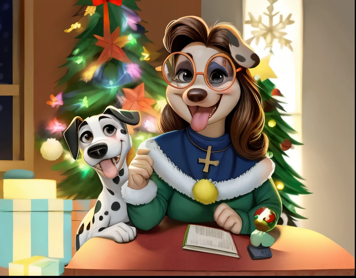 Estilo de dibujos animados Pixar Disney: caricatura de una chica blanca latina, con gafas, feliz, long light brown hair, mujer sonriente tirada en el suelo, con su perro, un gran pastor, York Shire and Dalmatian dog, with dark brown ears and dark brown face Happy with tongue out, about the Christmas atmosphere, christmas tree, Luces de Navidad.