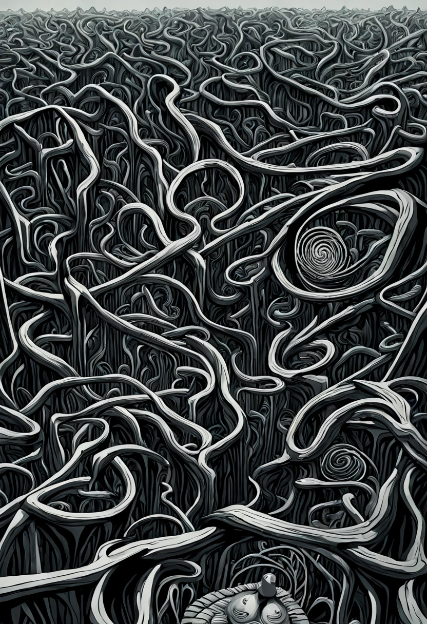 biomechanical maze, a madness landscape, a gateway and an abyss for the 4th dimension. Horror art, creepy illustration, labyrinth