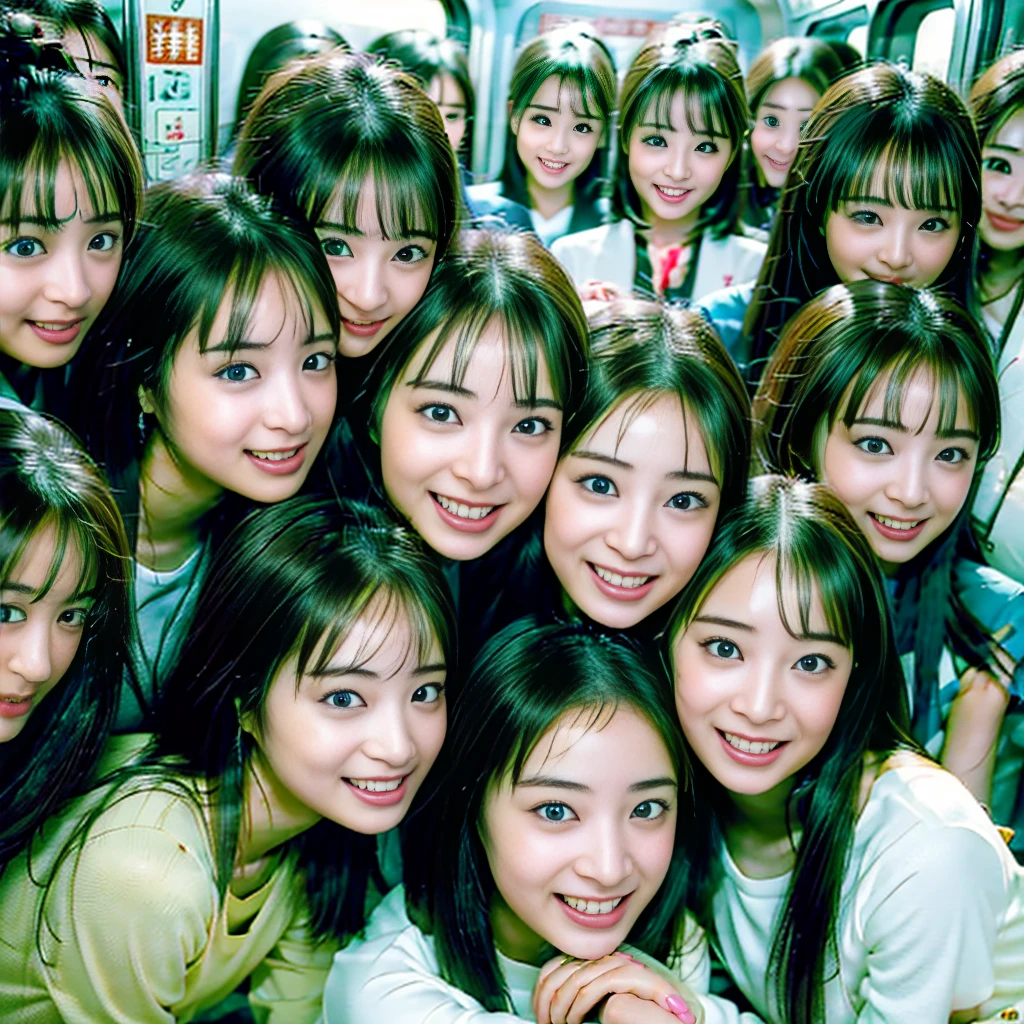 Raw photo、(((multiple girls))),((((6+girls)))),((((1000girls)))),(((10000girls)))、(((crowd shot))),((a baby face)),(((Adhesion)))、((Crammed))、((Packed))、(Inside the crowded train)、Women only、japanes、((Same height))、The same face、((A dark-haired)),1000 cute women hugging and loving each other、(((Large group)))、((chiquita))、sweating、joyous expression、chiquitaでいっぱいの満員電車