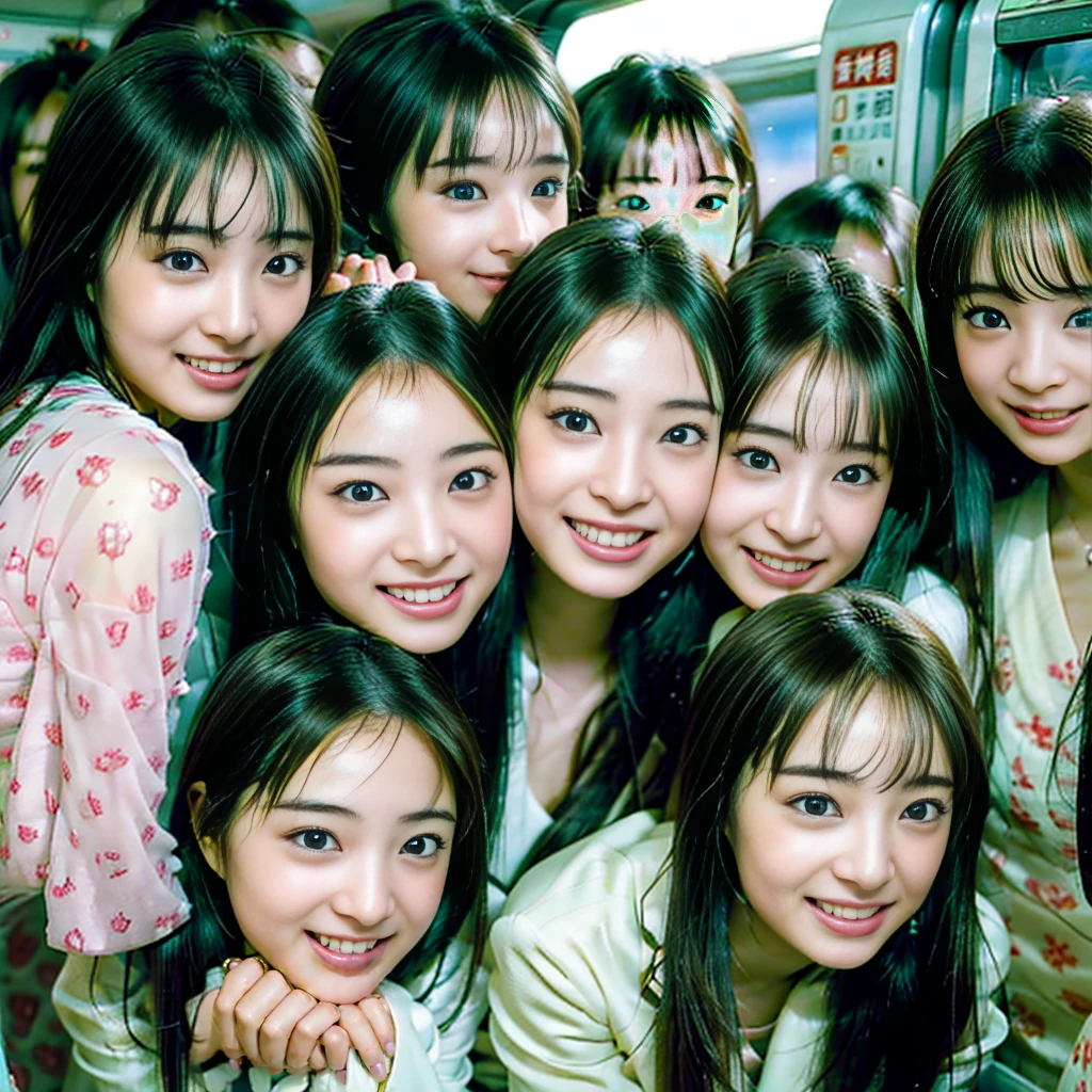 Raw photo、(((multiple girls))),((((6+girls)))),((((1000girls)))),(((10000girls)))、(((crowd shot))),((a baby face)),(((Adhesion)))、((Crammed))、((Packed))、(Inside the crowded train)、Women only、japanes、((Same height))、The same face、((A dark-haired)),1000 cute women hugging and loving each other、(((Large group)))、((chiquita))、sweating、joyous expression、chiquitaでいっぱいの満員電車