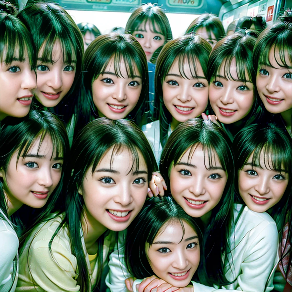 Raw photo、(((multiple girls))),((((6+girls)))),((((1000girls)))),(((10000girls)))、(((crowd shot))),((a baby face)),(((Adhesion)))、((Crammed))、((Packed))、(Inside the crowded train)、Women only、japanes、((Same height))、The same face、((A dark-haired)),1000 cute women hugging and loving each other、(((Large group)))、((chiquita))、sweating、joyous expression、chiquitaでいっぱいの満員電車