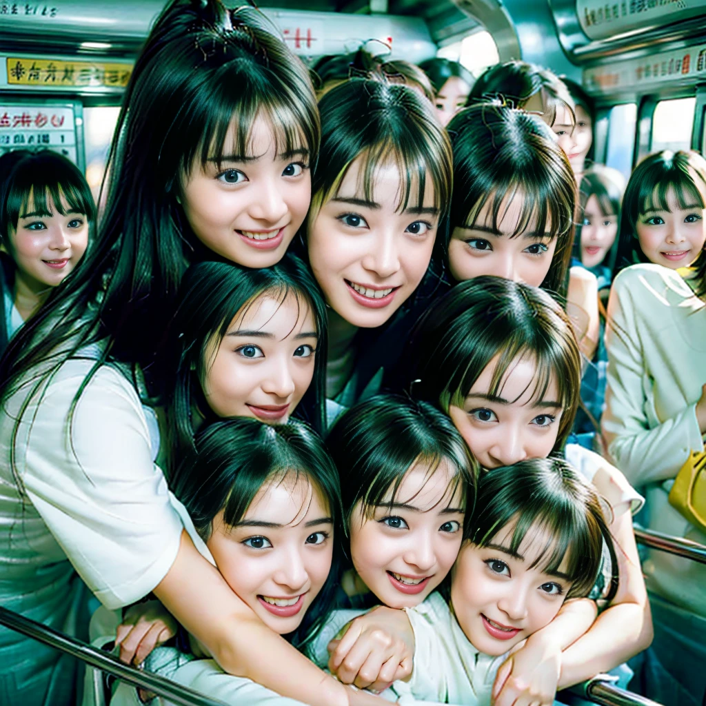 Raw photo、(((multiple girls))),((((6+girls)))),((((1000girls)))),(((10000girls)))、(((crowd shot))),((a baby face)),(((Adhesion)))、((Crammed))、((Packed))、(Inside the crowded train)、Women only、japanes、((Same height))、The same face、((A dark-haired)),1000 cute women hugging and loving each other、(((Large group)))、((chiquita))、sweating、joyous expression、chiquitaでいっぱいの満員電車