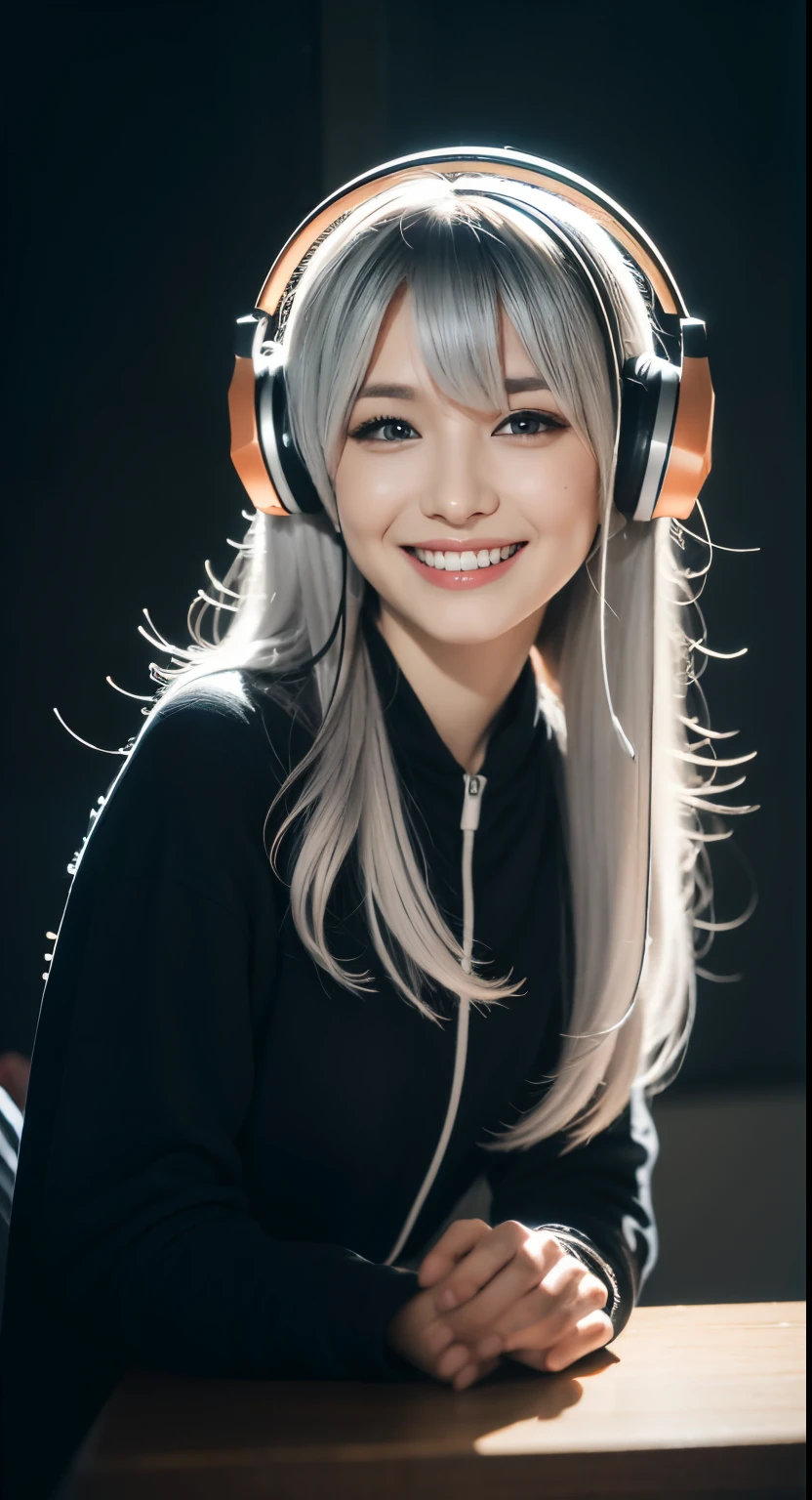 silber hair, giant ahaug, Multicolored eyes, headphones with cat ears, lusty smile, modern, About art, vignetting, Ray traching, glowing light, Heads-up shooting, From the outside, The foot extends beyond the frame, hyper HD, ctextured skin, high detal, 1080p, Best quality at best