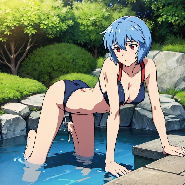 Rei Ayanami,all-fours,Teary-eyed,Turning a blind eye,tits out,Drenched,ssex,A man is putting his cock in her pussy from behind