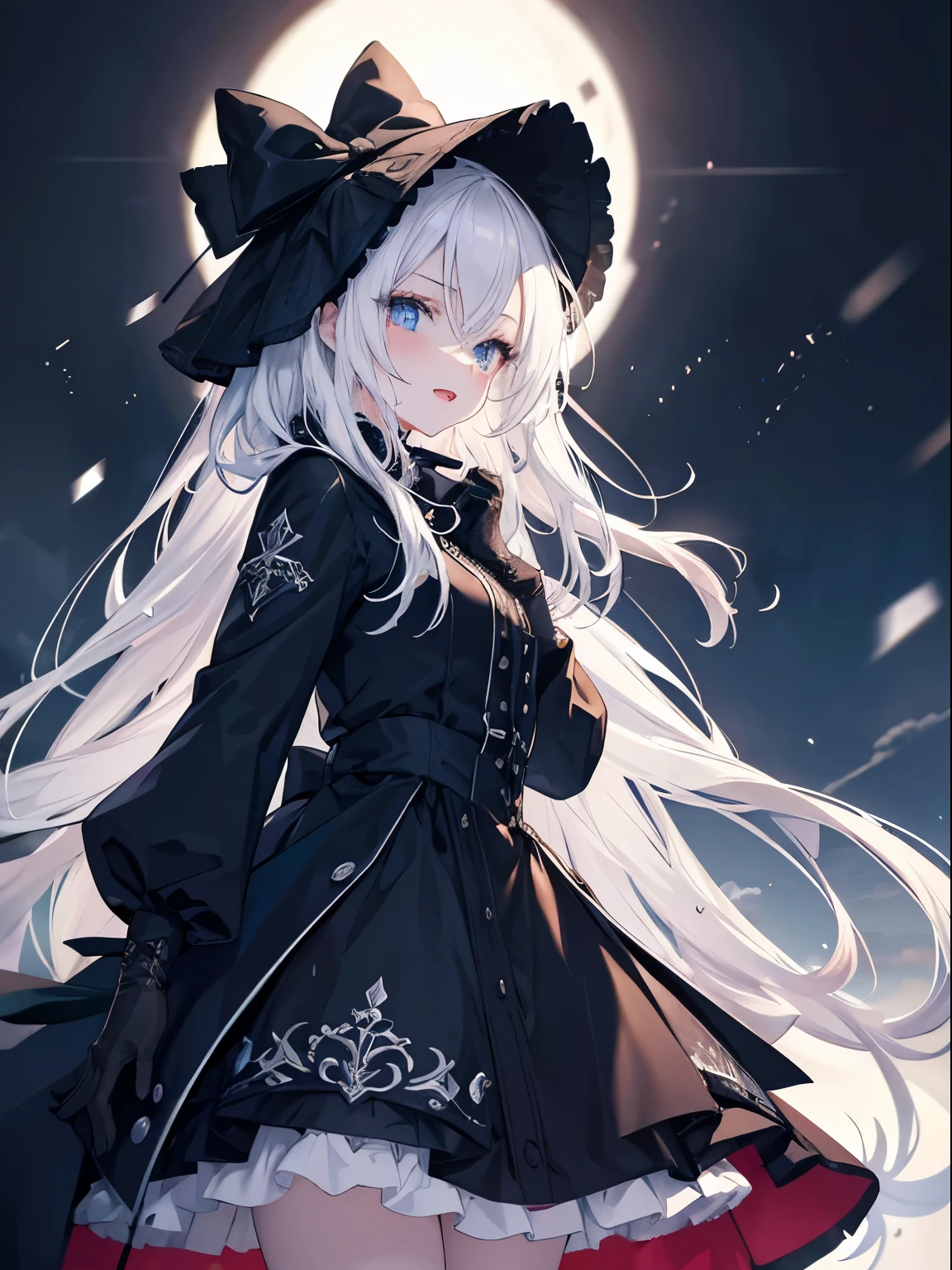 masutepiece, Highest Quality, (Perfect face:1.1), (high detailing:1.1), (ultradetailed eyes), Dramatic, superfine illustration, Extremely detailed, 1girl in, (pale skin), long white hair, Ethereal eyes, Blue eyes,tareme, (light eyebrow),blush,Solo,Smile, Happy, Laugh, Enjoy, Open mouth, Pouty lips,Cinematic lighting, Looking at Viewer,Cowboy Shot,Winters,Snow,Long sleeve, Gothic ta, frilld, bow ribbon,Head dress, knee high socks, Long coat , Long Muffler, gloves,from side