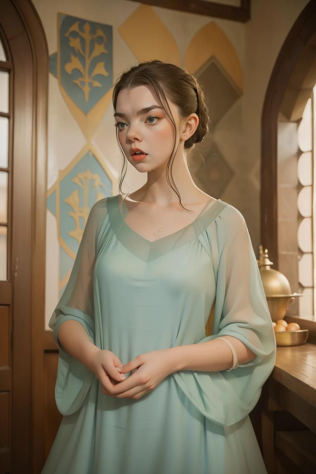 1136, Kingsbridge, England. otherworldly scene in the canteen of a medieval monastery, ((((27-year-old)) Anya Taylor-Joy)), (((furious expression))), angry, screaming, frowning, ((((poor plain tunic gown from the 12th century)))), ((Hairstyle of the 12th century)), ((Wes Anderson cinematic style)), colorful