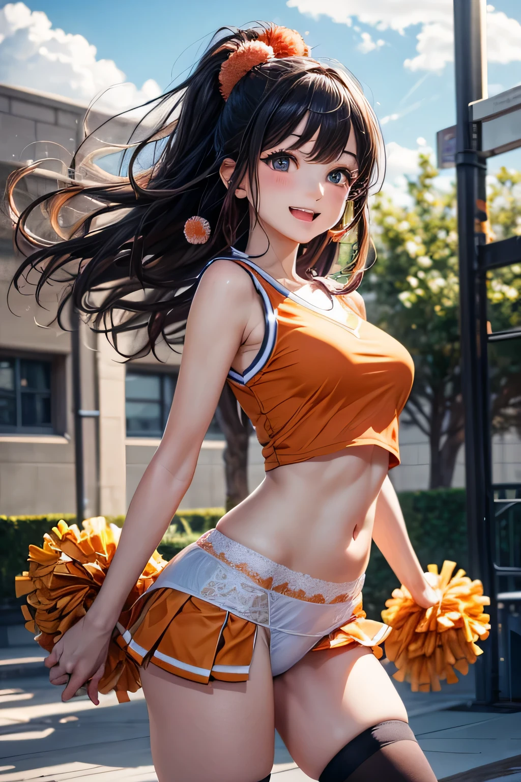 very cute and beautiful cheerleader girl,(very detailed beautiful face and eyes:1.2),(holding a pom pom:1.2),(Laugh), (school courtyard),Cowboy Shot,Dynamic Pose,zettai ryouiki,(orange sleeveless shirt),Beautiful legs,White panties,Dynamic Angle,Black hair, (Best Quality,masutepiece:1.2),Intricate details,Extremely detailed,Ultra-detailed,hight resolution,Looking at Viewer, Natural lighting,Hair fluttering in the wind,Beautiful detailed sky,