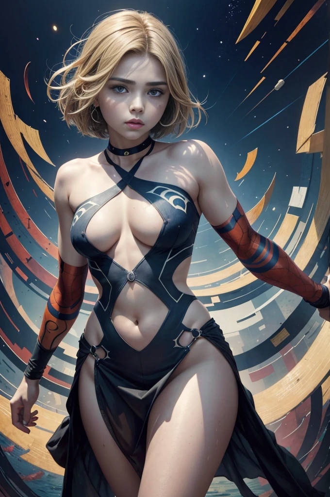 chloë grace moretz、Sticking out the navel、newyork、She wears a torn Spider-Man suit,wearing skirt、abstract photorealistic、artistic、Alphonse Mucha's painting(​masterpiece、top-quality、hight resolution:1.4)、detaileds、複雑なdetaileds、4K、color splashes、line-drawing、Fibonacci、
