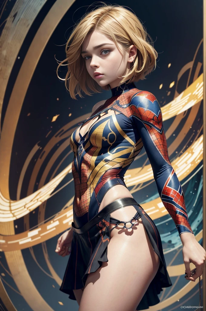 chloë grace moretz、Sticking out the navel、newyork、She wears a torn Spider-Man suit,wearing skirt、abstract photorealistic、artistic、Alphonse Mucha's painting(​masterpiece、top-quality、hight resolution:1.4)、detaileds、複雑なdetaileds、4K、color splashes、line-drawing、Fibonacci、