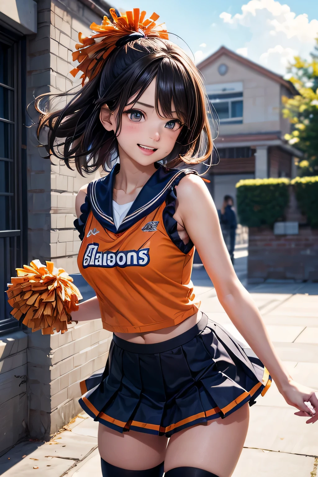 very cute and beautiful cheerleader girl,(very detailed beautiful face and eyes:1.2),(holding a pom pom:1.2),(Laugh), (school courtyard),Cowboy Shot,Dynamic Pose,zettai ryouiki,(orange sleeveless shirt),Beautiful legs,White panties,Dynamic Angle,Black hair, (Best Quality,masutepiece:1.2),Intricate details,Extremely detailed,Ultra-detailed,hight resolution,Looking at Viewer, Natural lighting,Hair fluttering in the wind,Beautiful detailed sky,