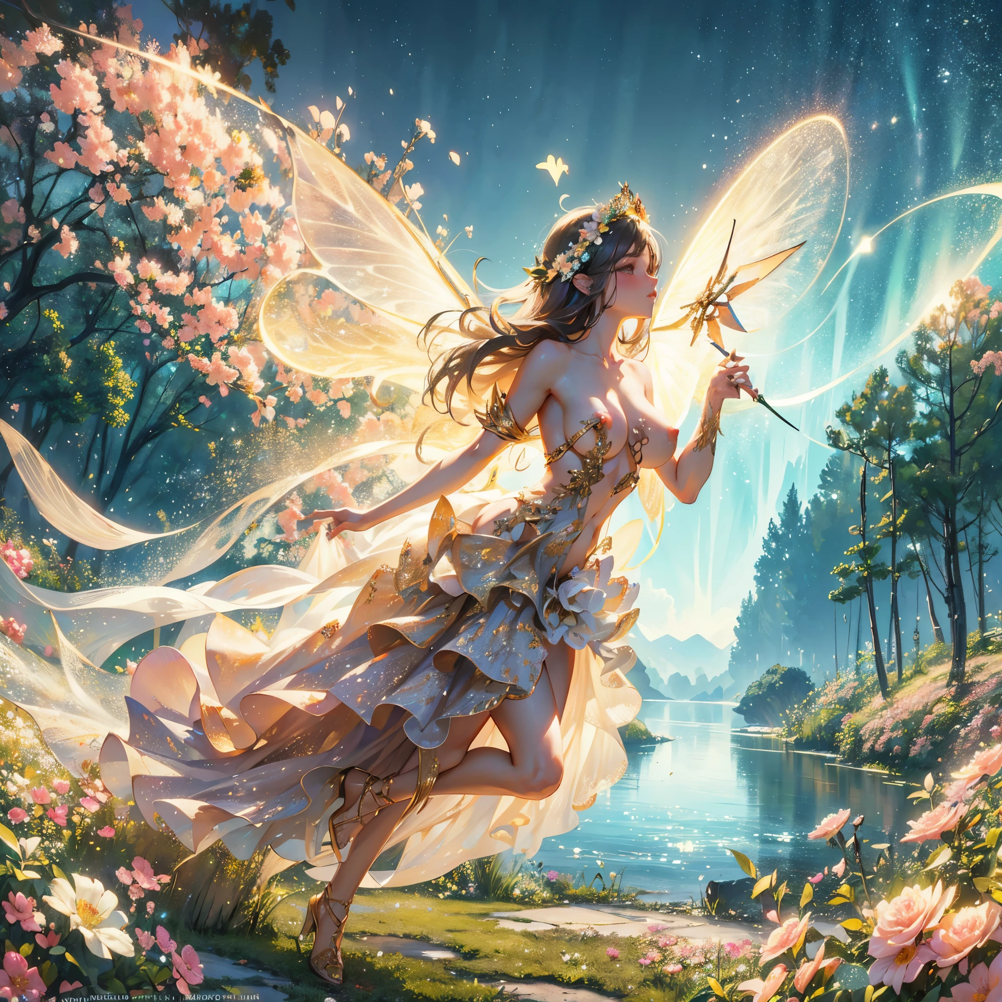 generate a fairy lady with big boobs, showing her boobs, wearing flowery outfit and with huge fairy wings, while holding a flowery wand, she is a beautifull fairy who is really charming, she is flying and give kiss sign, forest and lake background, beautifull flower, raytracing, sparkling background, aurora effect, digital effect, glimmering effect, ambient effect, from side, beautifull hand, beautifull fingers, pretty hand, pretty fingers, perferct hands, perfect fingers, masterpiece, best quality:1.2),(8k,highres,RAW photo,realistic,photo-realistic:1.3),(detailed skin texture,detailed cloth texture,beautiful detailed face:1.25),professional lighting,photon mapping,beautiful soft light,radiosity,physically-based rendering,raytracing, model shoot style, model shoot style, (extremely detailed CG unity 8k wallpaper), full shot body photo of the most beautiful artwork in the world, (((NSFW))), (((nude))), (completly naked))), (((nipples))