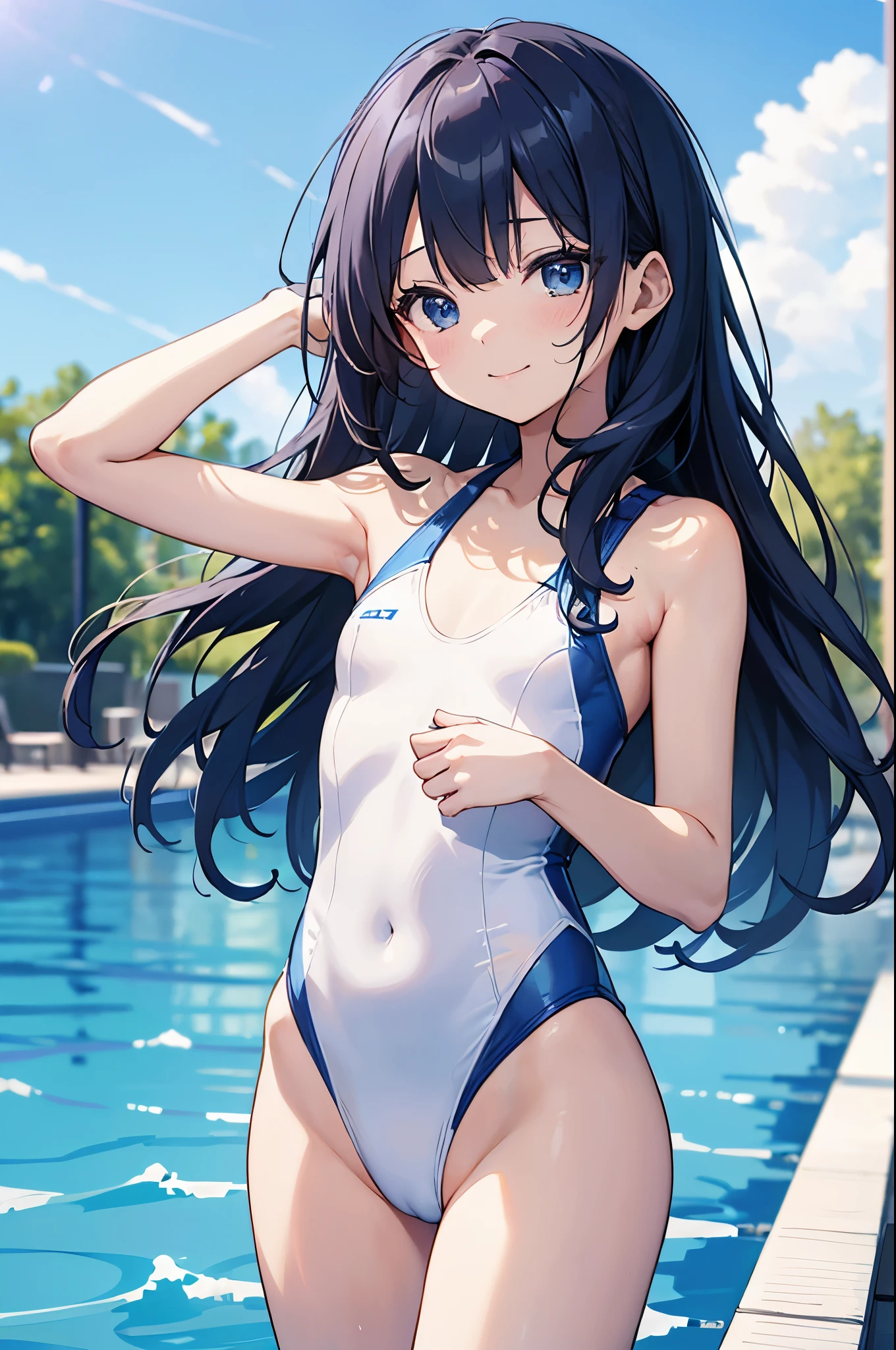 ((4k、8k、top-quality、Perfect Finger:1.3、Perfect Anatomy:1.3、Blur the background))、((、8years old、Small bre droopy eyes、stright long hair、A slender))、a smile、(blue white yellow one piece swimsuit)、Angle where the whole body is depicted、、Poolside with blue sky、