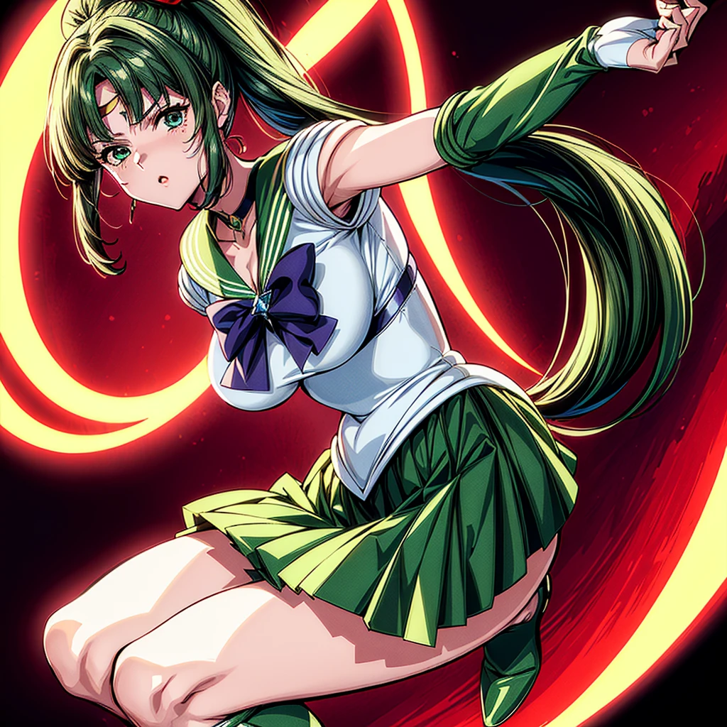 (8K, Best Quality, tmasterpiece:1.2),\(eye detailed\),\(Facial features\),(\(Detailed details of clothes\)\),(Colossal tits),full body Esbian, Super skirt,sailor moon outfit,(Facial Focus) ,Very detailed CG Unity 8K wallpaper,hugefilesize,ultra - detailed,hight resolution,absurderes,beautidful eyes,Ray traching,Dramatic shadows,Up to detail,Dramatic angles,Hyper-detailing,(Solo),anime styled、Very long straight ponytail hair、Green head hair、Green sailor color、Green Absolute Short Mini Skirt、elbowgloves、(Crystal on background:1.2)