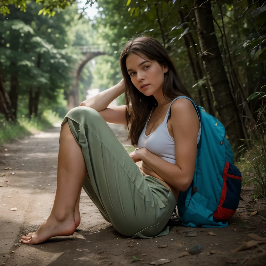 ultrarealistisch, perfekt, Details, 8K, brunette girl, rote Streifen, Erntetank, bare feet, Wandern, perfekte Details im Gesicht, Hippie, 60er-Jahre-Flair, Rucksack, bellybutton, long Hippie pants, full body view, feet, barefoot, on a hike, great details on everything