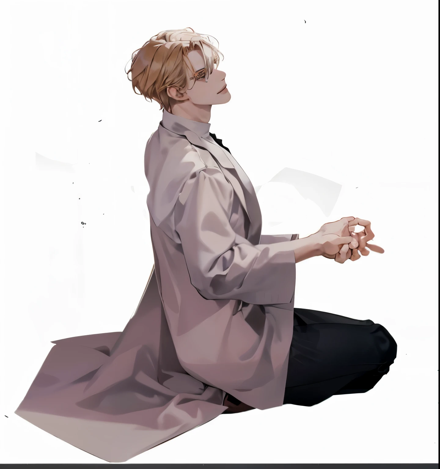There was a woman sitting with her hands on the floor., Johan Liebert, Prayer pose, Delicate gangster prince, Johan Liebert mixed with alucard, Johan Liebert mixed with dante, Full-body portrait, Full body image character, digital art of an elegant, made with anime painter studio, handsome anime pose, Beautiful prince androgynous, Full-body illustration