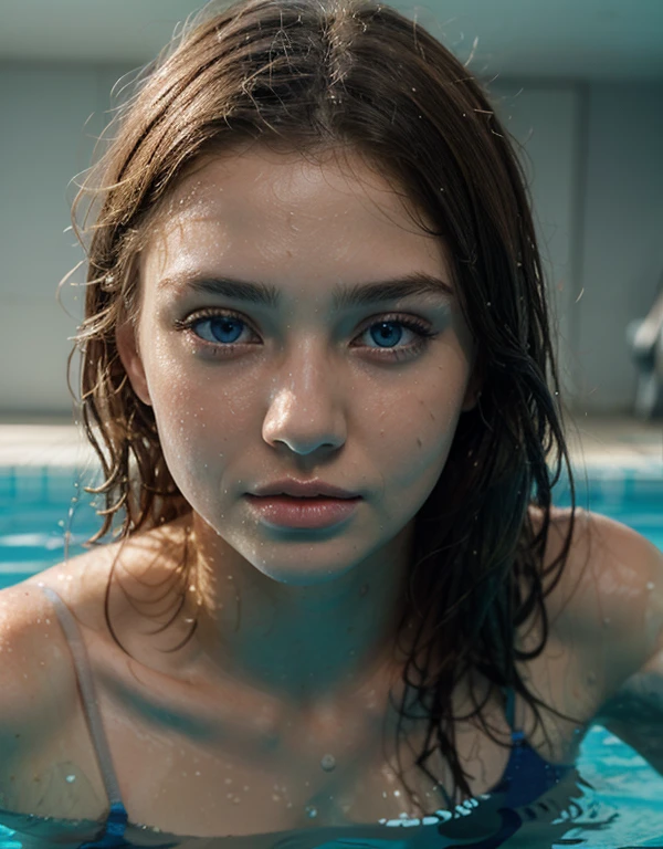 (a girl swims underwater in a pool, rotes lockiges Haar),Illustration,Summer atmosphere,beautiful detailed eyes,Beautiful, detaillierte Lippen,Extrem detailliertes Gesicht,lange Wimpern,Reflexionen von sprudelndem Wasser,erfrischendes blaues Poolwasser, best quality,hight resolution,Ultra-detailliert,realistisch,Sommerstimmung,Lebendige Farben,Warmes Sonnenlicht