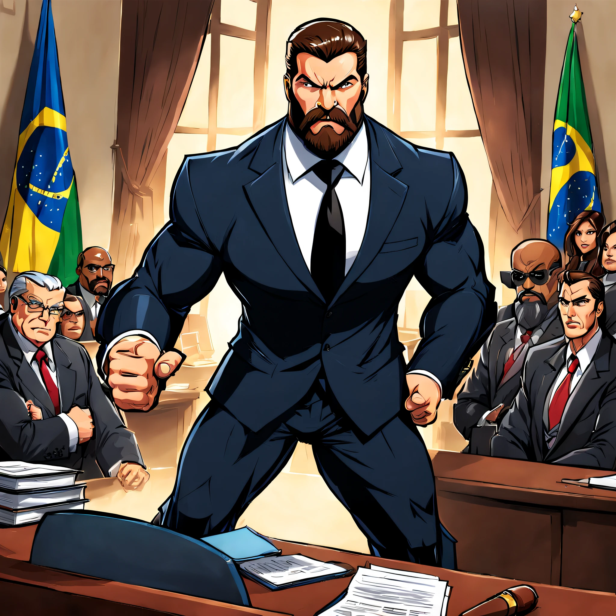 [(Aggressive lawyer:1.2) ::5] Unleash the legal warrior within with a dynamic cartoon artwork inspired by the (G.I. Joe: A Real American Hero style:0.2), featuring an aggressive lawyer with beard and black suit. This (masterpiece:1.35) captures the essence of the beloved cartoon series, infusing it with the tenacity and determination of a brazilian courtroom champion.