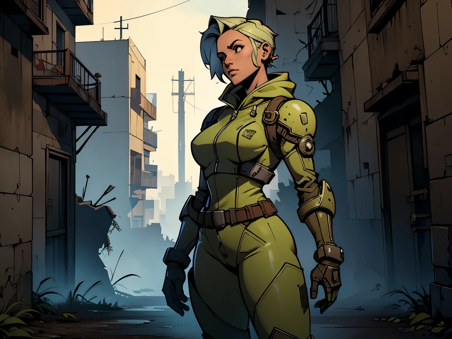 personagem do jogo fallut3, caminhando por uma cidade em ruinas, jogo fallout 3, personagem feminina usando Armored Vault jumpsuit, cidade em ruinas, melhor qualidade, ultra detalhada, bem desenhado, anatomia perfeita, proporcional