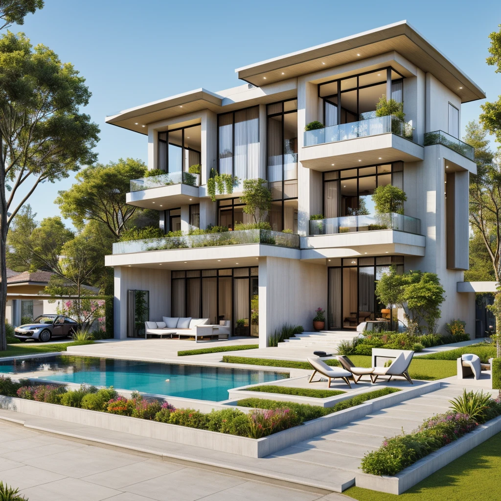 RAW photo,Masterpiece, high quality, best quality, authentic, super detail,
exterior, house style modern on the garden with white wall, glass windows, glass doors,stains, balcony, railing glass
clean line,modernism,Realistic reflexes,realistic light, beautiful summer sky, trees, grass
(day:1.1), vivid colour, vray